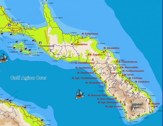 Карта полуострова Афон