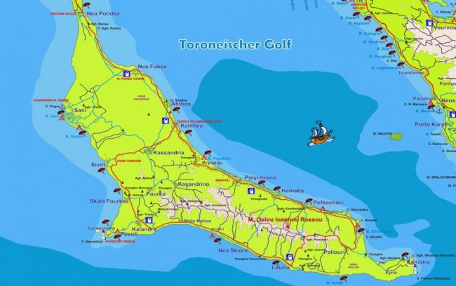 Карта Кассандры с пляжами и курортами